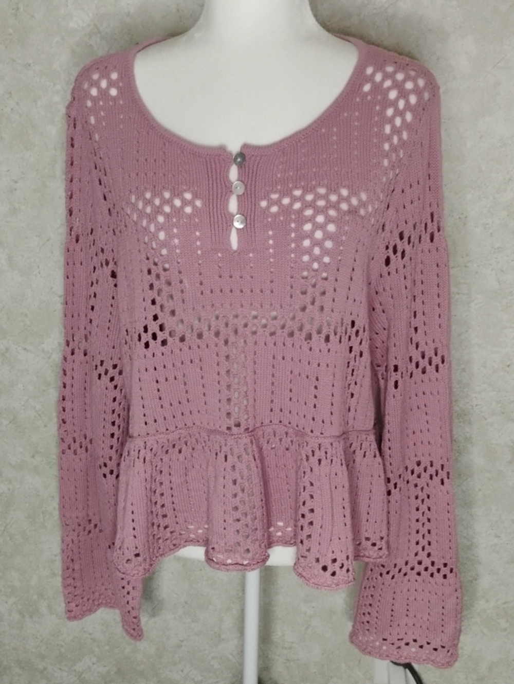 Lucky Brand Dusty Rose Crochet Peplum Knit Sweater